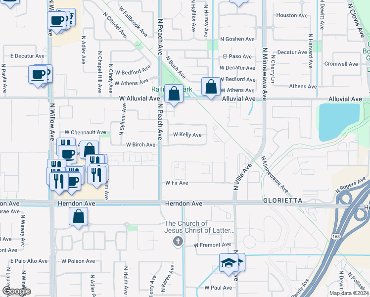 map of restaurants, bars, coffee shops, grocery stores, and more near 310 W Birch Ave in Clovis
