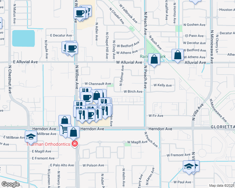map of restaurants, bars, coffee shops, grocery stores, and more near 568 West Birch Avenue in Clovis