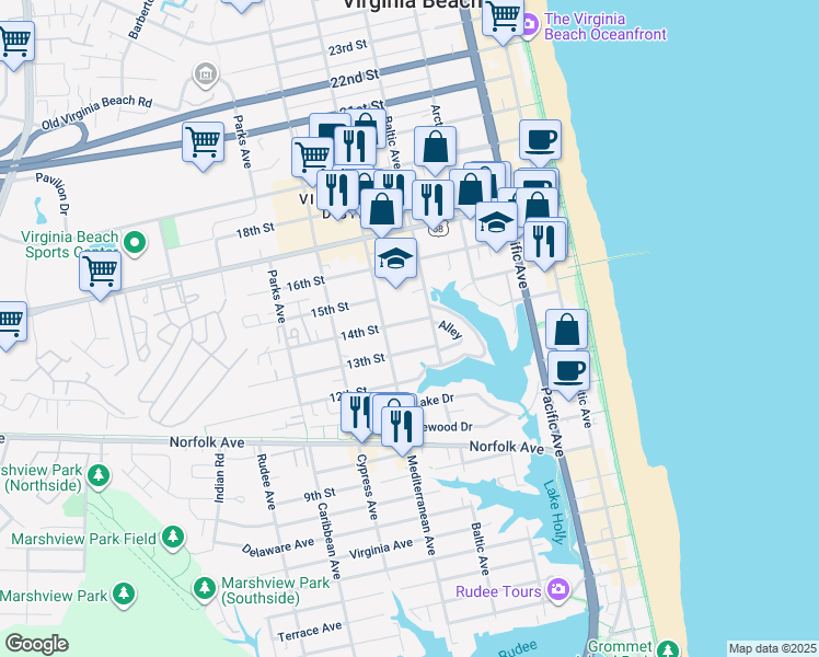map of restaurants, bars, coffee shops, grocery stores, and more near 510 14th Street in Virginia Beach