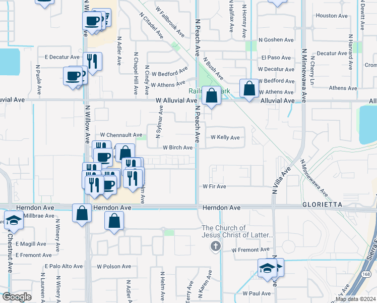 map of restaurants, bars, coffee shops, grocery stores, and more near 448 West Birch Avenue in Clovis