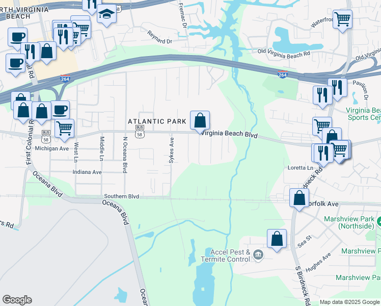 map of restaurants, bars, coffee shops, grocery stores, and more near 228 Realty Lane in Virginia Beach