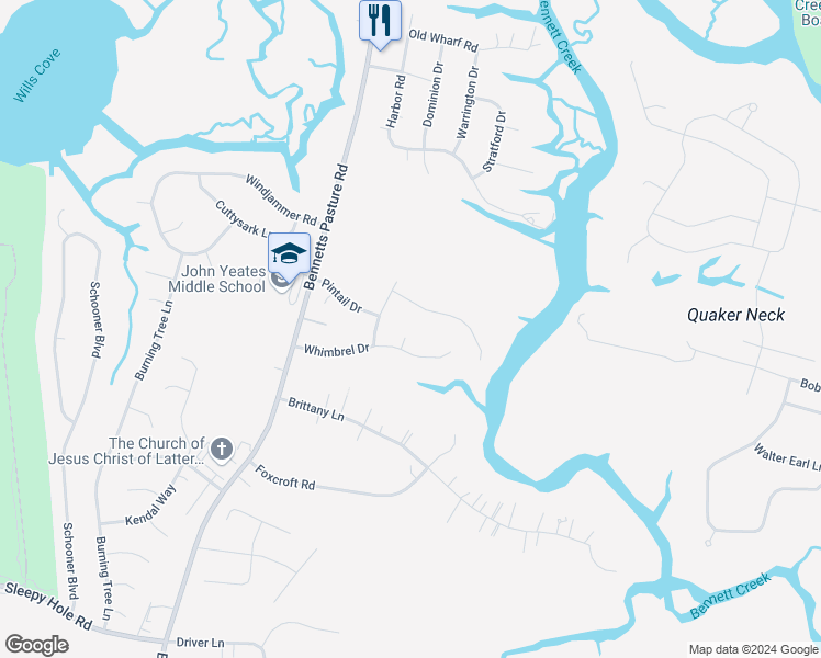 map of restaurants, bars, coffee shops, grocery stores, and more near 204 Willet Court in Suffolk