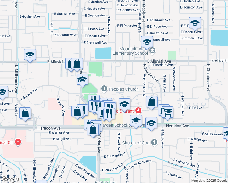 map of restaurants, bars, coffee shops, grocery stores, and more near 1690 East Fir Avenue in Fresno