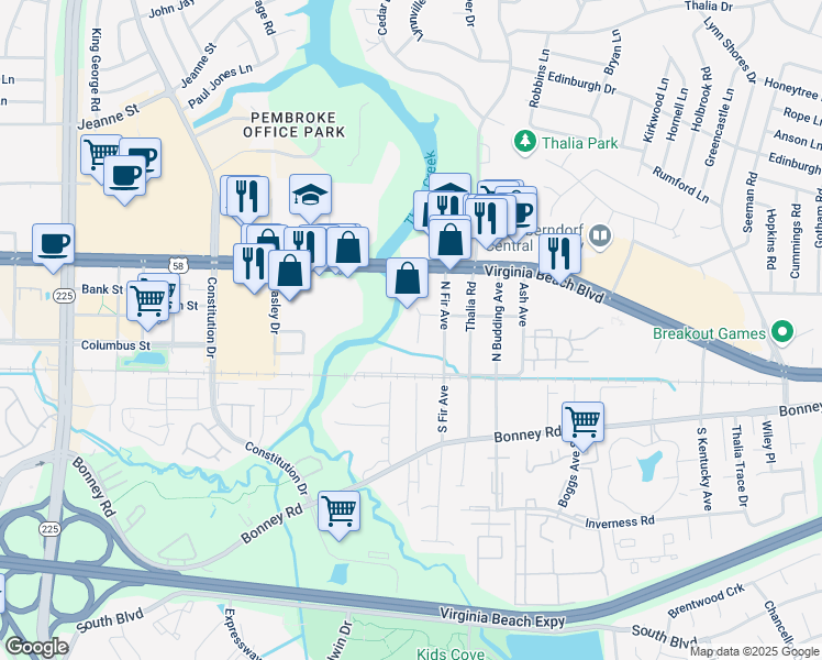 map of restaurants, bars, coffee shops, grocery stores, and more near 129 North Palm Avenue in Virginia Beach