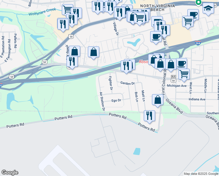 map of restaurants, bars, coffee shops, grocery stores, and more near 229 Fighter Drive in Virginia Beach