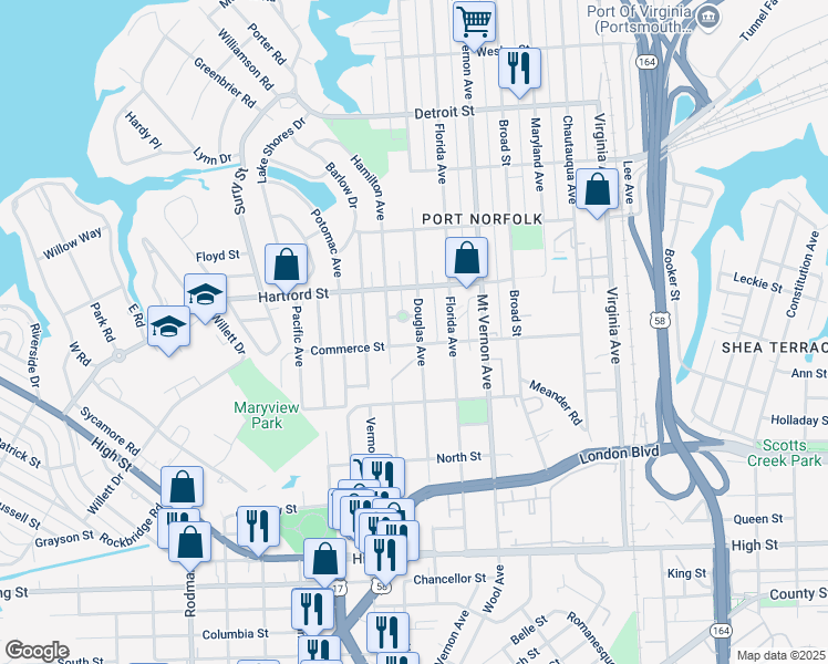 map of restaurants, bars, coffee shops, grocery stores, and more near 738 Douglas Avenue in Portsmouth
