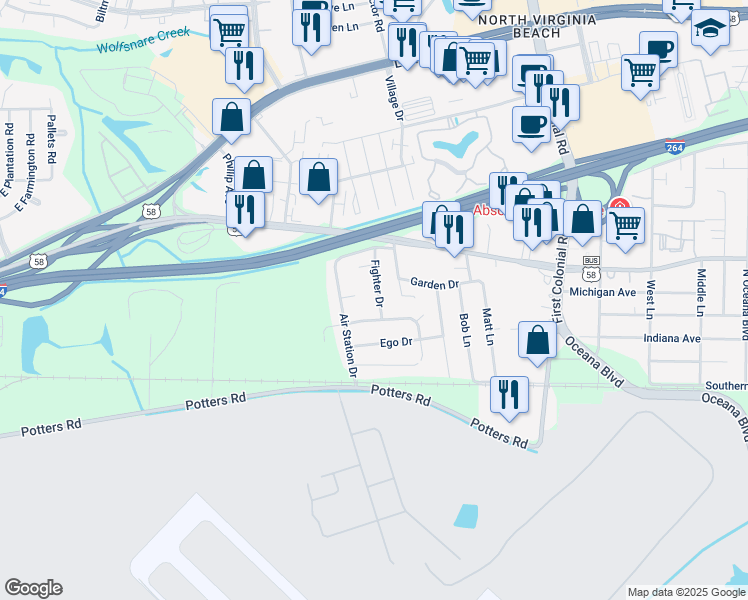 map of restaurants, bars, coffee shops, grocery stores, and more near 229 Fighter Drive in Virginia Beach