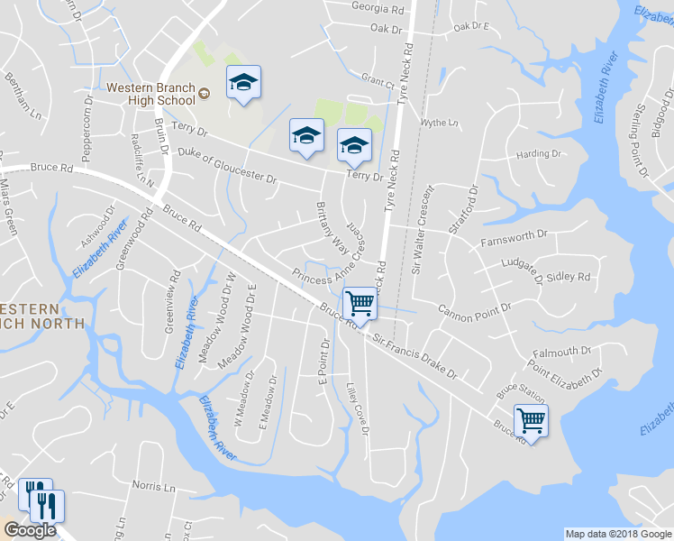 map of restaurants, bars, coffee shops, grocery stores, and more near 2952 Princess Anne Crescent in Chesapeake