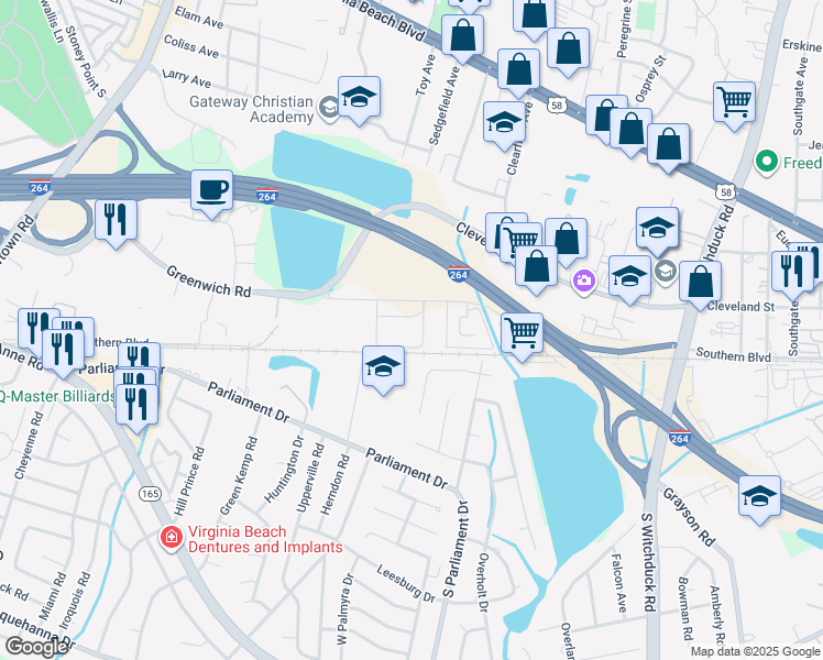 map of restaurants, bars, coffee shops, grocery stores, and more near 5429 Greenwich Road in Virginia Beach