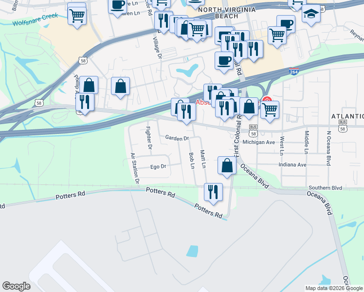 map of restaurants, bars, coffee shops, grocery stores, and more near 220 Lavergne Lane in Virginia Beach
