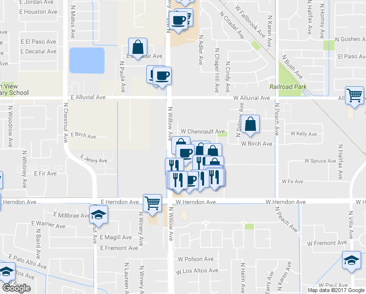 map of restaurants, bars, coffee shops, grocery stores, and more near 752 West Birch Avenue in Clovis
