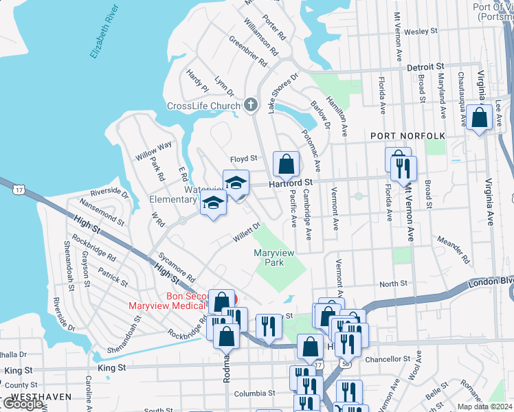 map of restaurants, bars, coffee shops, grocery stores, and more near 739 Lanier Crescent in Portsmouth