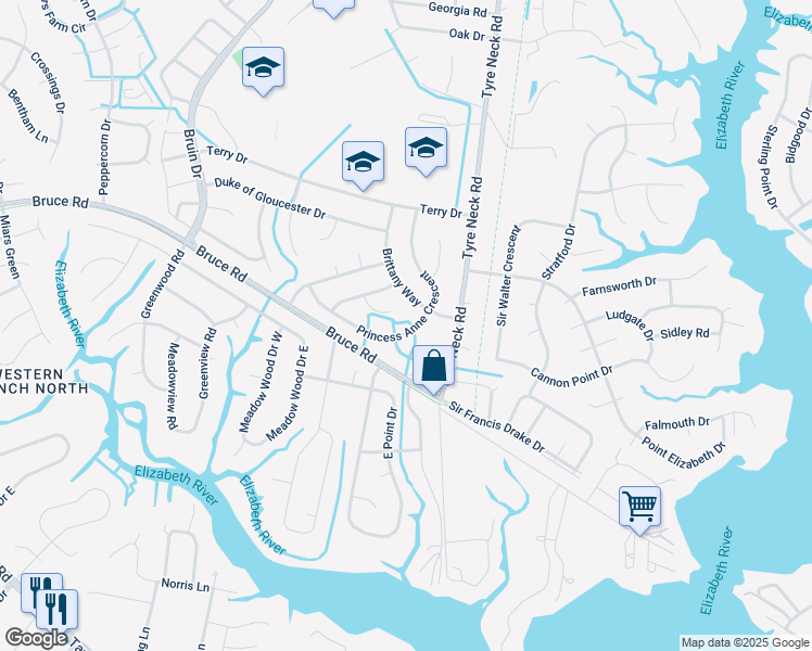 map of restaurants, bars, coffee shops, grocery stores, and more near 2952 Princess Anne Crescent in Chesapeake