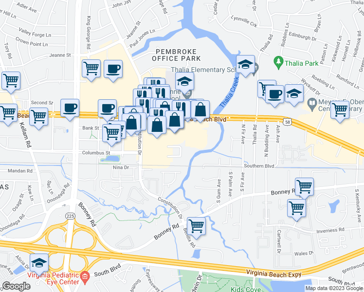 map of restaurants, bars, coffee shops, grocery stores, and more near 4324 Beasley Court in Virginia Beach