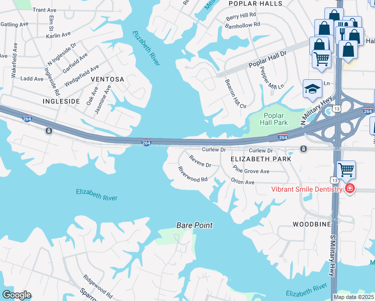 map of restaurants, bars, coffee shops, grocery stores, and more near 5235 Curlew Drive in Norfolk