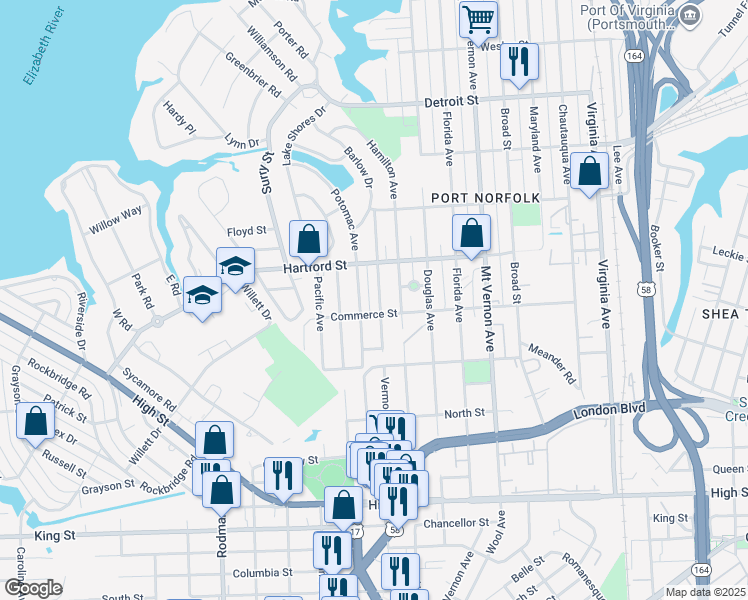 map of restaurants, bars, coffee shops, grocery stores, and more near 736 Vermont Avenue in Portsmouth