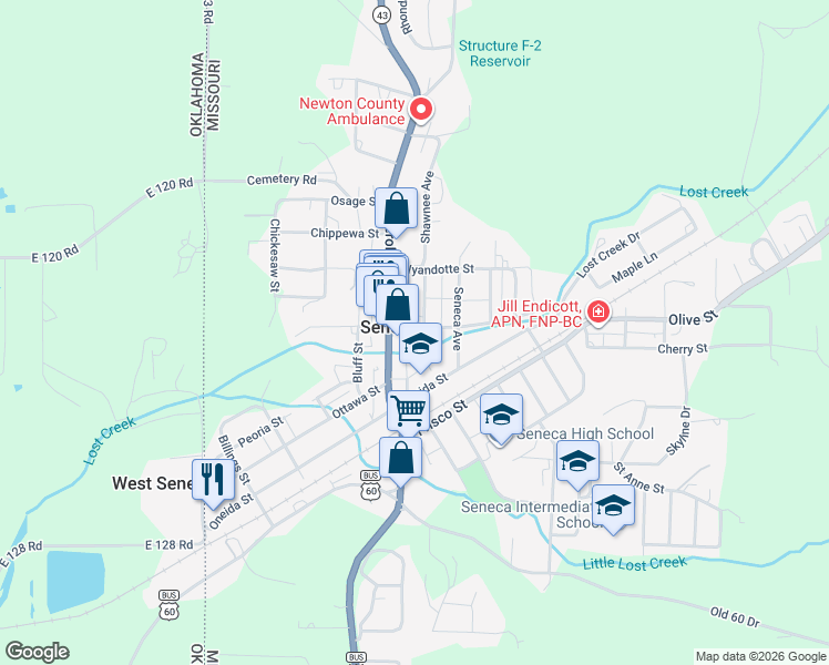 map of restaurants, bars, coffee shops, grocery stores, and more near 912 Delaware Street in Seneca