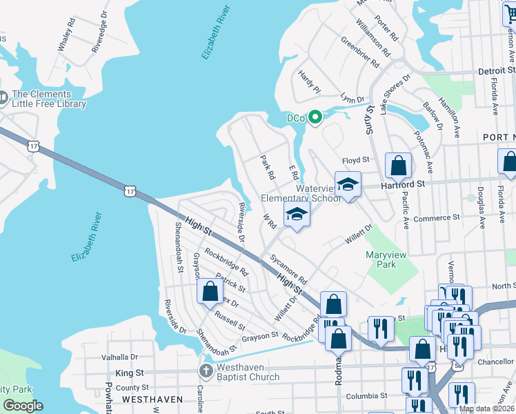 map of restaurants, bars, coffee shops, grocery stores, and more near 300 West Road in Portsmouth