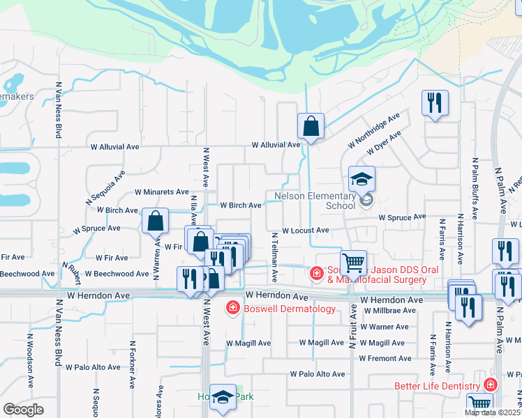 map of restaurants, bars, coffee shops, grocery stores, and more near 7227 North Durant Avenue in Fresno
