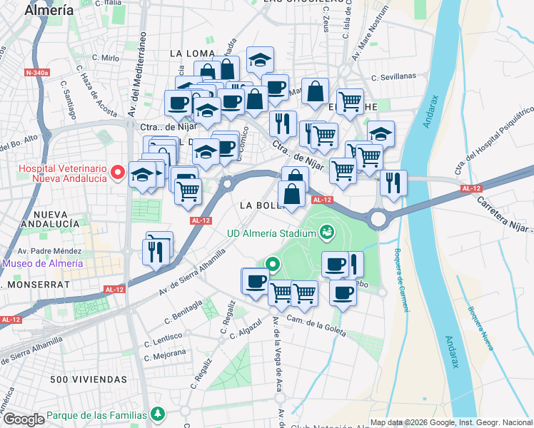 map of restaurants, bars, coffee shops, grocery stores, and more near 61 Carretera Molino Pepón in Almería