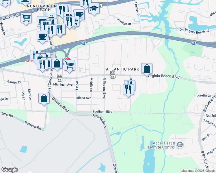 map of restaurants, bars, coffee shops, grocery stores, and more near 1471 Hiteshew Place in Virginia Beach