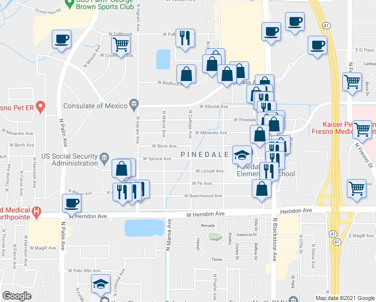 map of restaurants, bars, coffee shops, grocery stores, and more near 7227 North College Avenue in Fresno