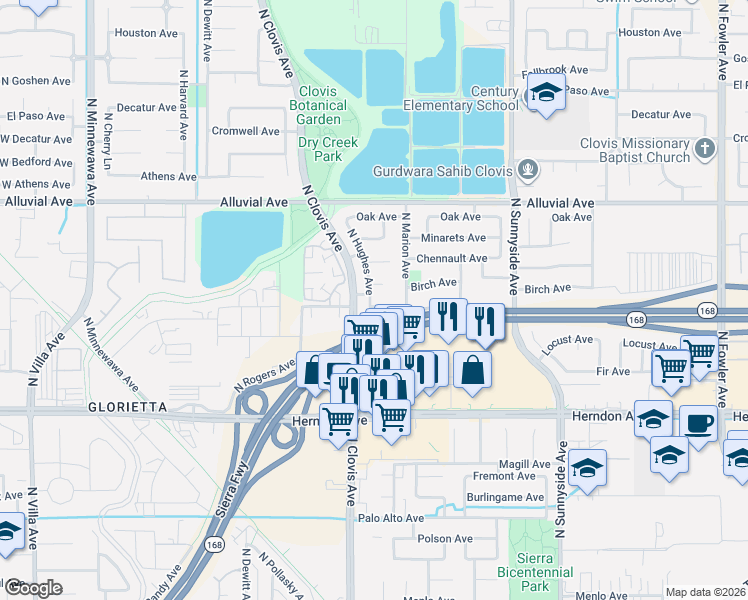 map of restaurants, bars, coffee shops, grocery stores, and more near 889 Spruce Avenue in Clovis