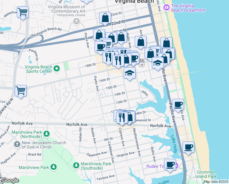 map of restaurants, bars, coffee shops, grocery stores, and more near 1414 Cypress Avenue in Virginia Beach