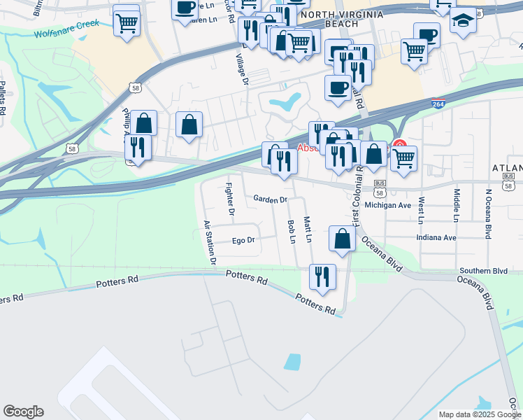 map of restaurants, bars, coffee shops, grocery stores, and more near 1809 Riddle Avenue in Virginia Beach