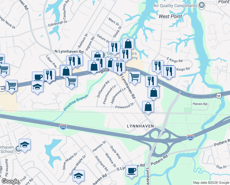 map of restaurants, bars, coffee shops, grocery stores, and more near 228 Peachwood Lane in Virginia Beach