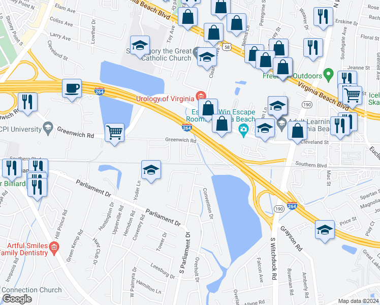 map of restaurants, bars, coffee shops, grocery stores, and more near 5321 Greenwich Road in Virginia Beach