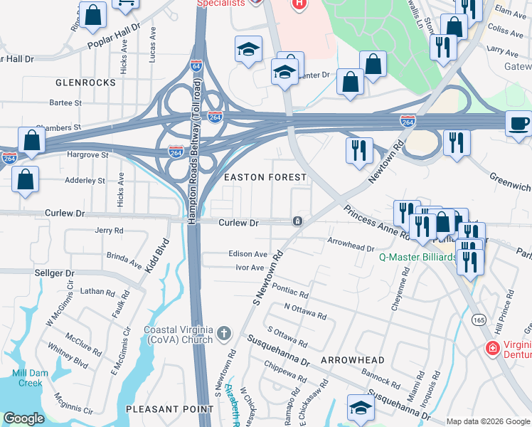 map of restaurants, bars, coffee shops, grocery stores, and more near 6138 Curlew Drive in Norfolk