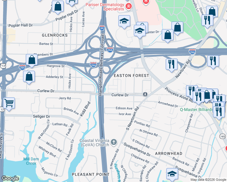 map of restaurants, bars, coffee shops, grocery stores, and more near 108 Bristol Avenue in Norfolk