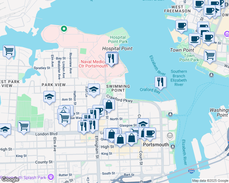 map of restaurants, bars, coffee shops, grocery stores, and more near 700 Crawford Parkway in Portsmouth