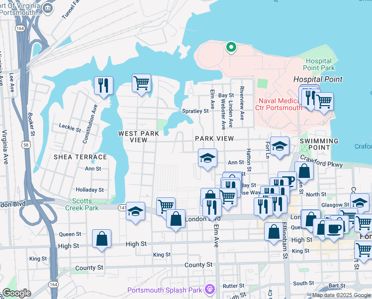map of restaurants, bars, coffee shops, grocery stores, and more near 1410 Crawford Parkway in Portsmouth