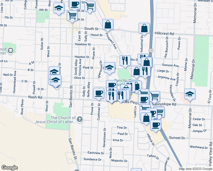 map of restaurants, bars, coffee shops, grocery stores, and more near 98 Knight Lane in Hollister