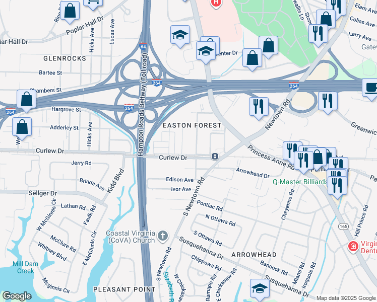 map of restaurants, bars, coffee shops, grocery stores, and more near 6138 Curlew Drive in Norfolk