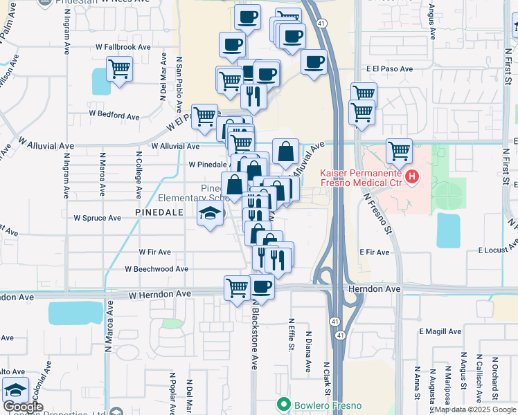 map of restaurants, bars, coffee shops, grocery stores, and more near 7228 North Blackstone Avenue in Fresno