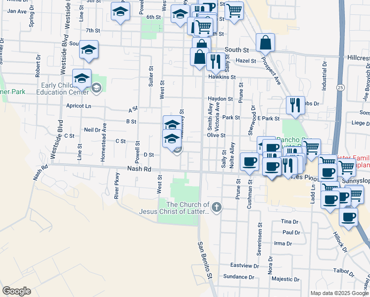 map of restaurants, bars, coffee shops, grocery stores, and more near 1199 Monterey Street in Hollister