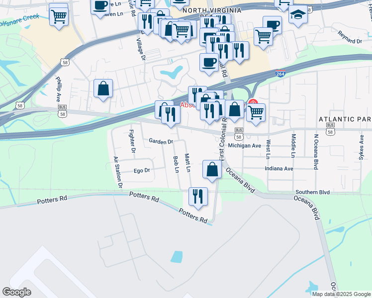 map of restaurants, bars, coffee shops, grocery stores, and more near 217 Matt Ln in Virginia Beach
