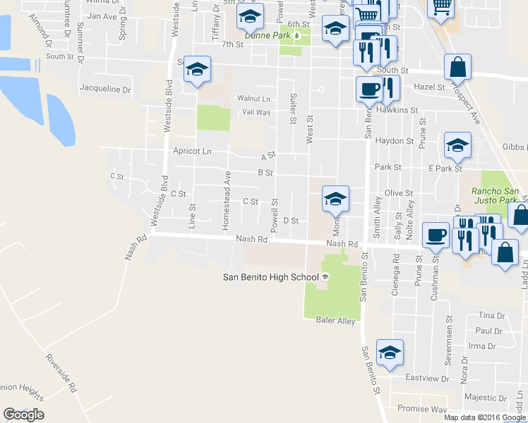 map of restaurants, bars, coffee shops, grocery stores, and more near 1075 Wood Ct in Hollister