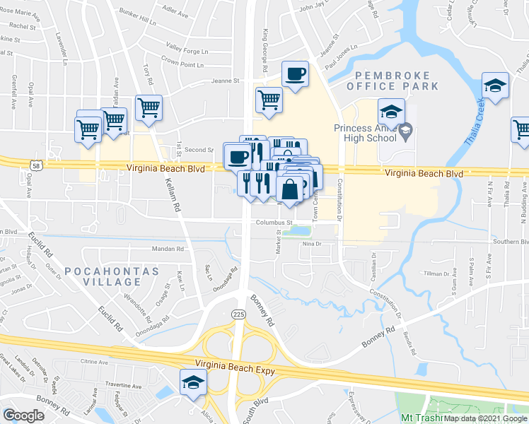 map of restaurants, bars, coffee shops, grocery stores, and more near 4525 Commerce Street in Virginia Beach