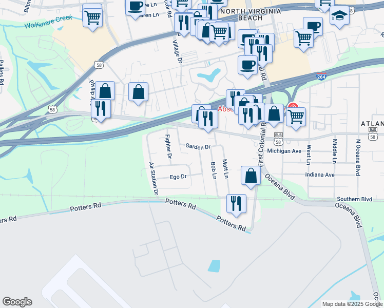 map of restaurants, bars, coffee shops, grocery stores, and more near 1809 Riddle Avenue in Virginia Beach