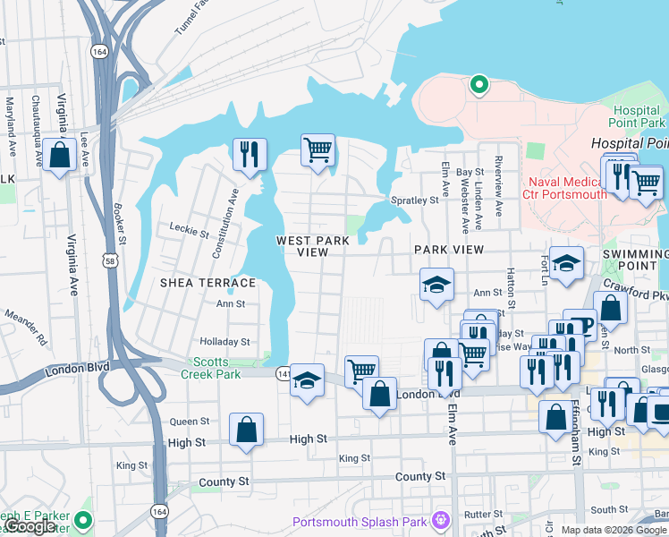 map of restaurants, bars, coffee shops, grocery stores, and more near 1612 A St in Portsmouth