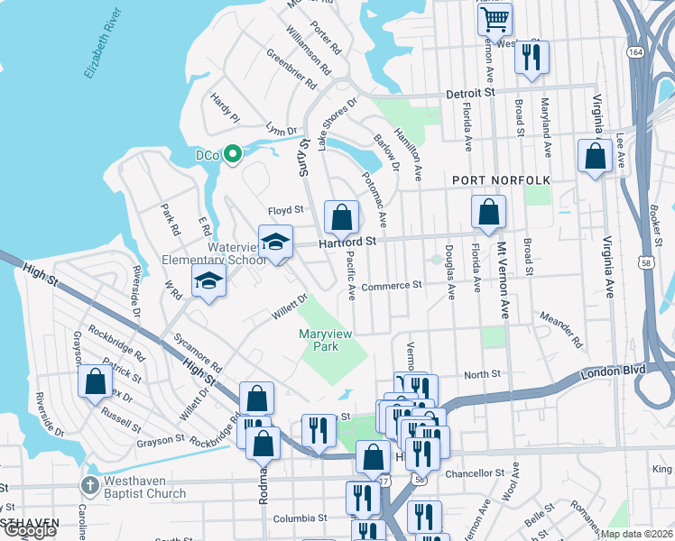 map of restaurants, bars, coffee shops, grocery stores, and more near 713 Lanier Crescent in Portsmouth