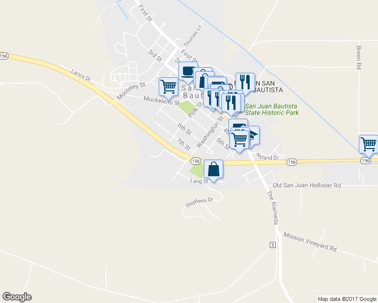 map of restaurants, bars, coffee shops, grocery stores, and more near 203 7th Street in Hollister