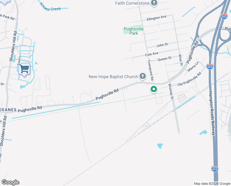 map of restaurants, bars, coffee shops, grocery stores, and more near 4141 Pughsville Road in Suffolk