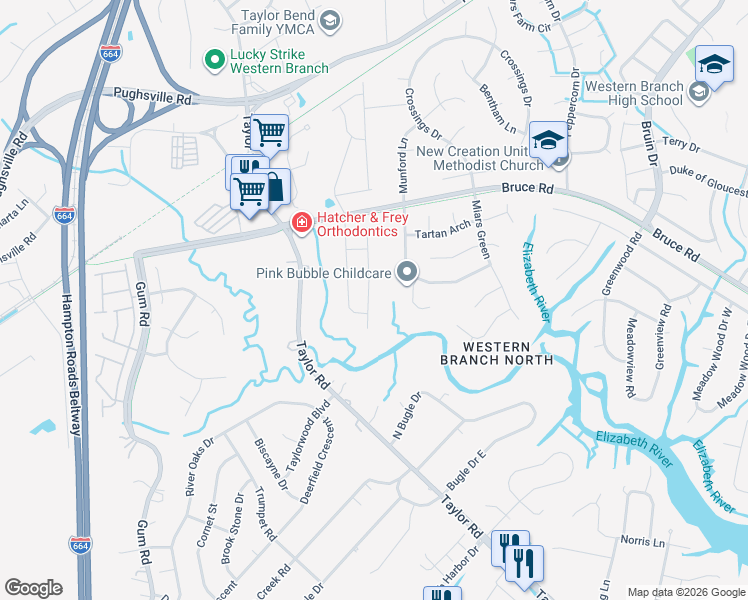 map of restaurants, bars, coffee shops, grocery stores, and more near 3221 Duquesne Drive in Chesapeake