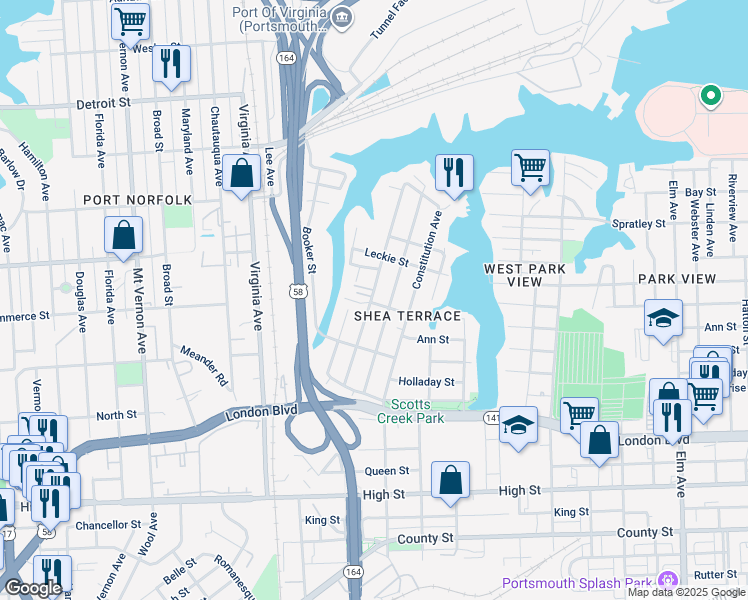 map of restaurants, bars, coffee shops, grocery stores, and more near 219 Sandpiper Dr in Portsmouth