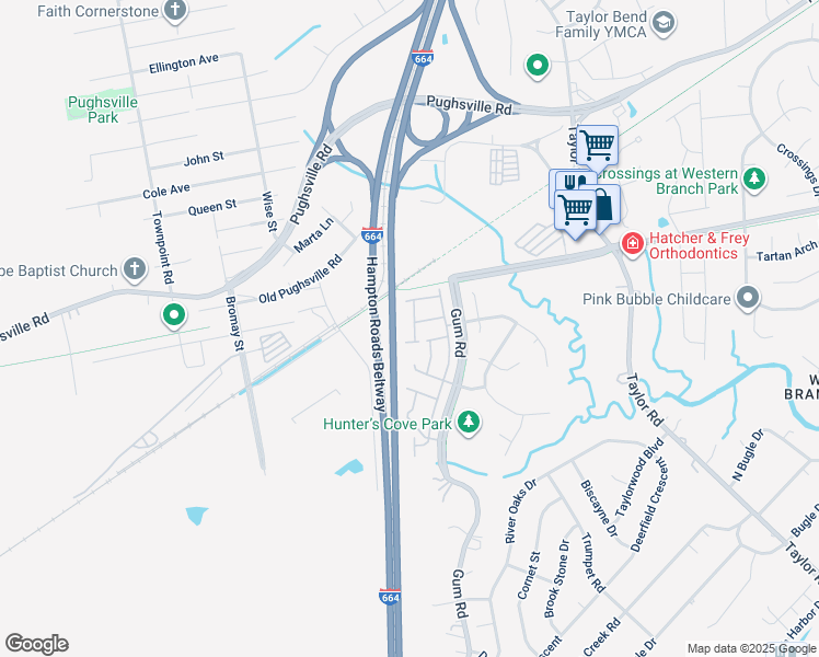 map of restaurants, bars, coffee shops, grocery stores, and more near 3008 Trappers Run in Chesapeake